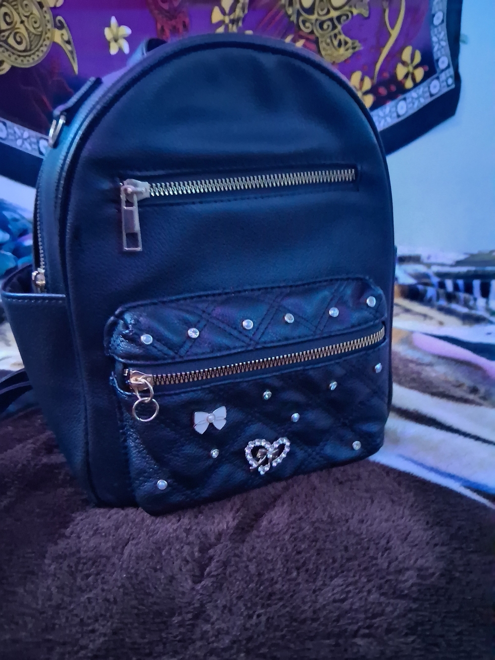 Under One Sky Black Mini Backpack with Gold Hardware & Heart Charm